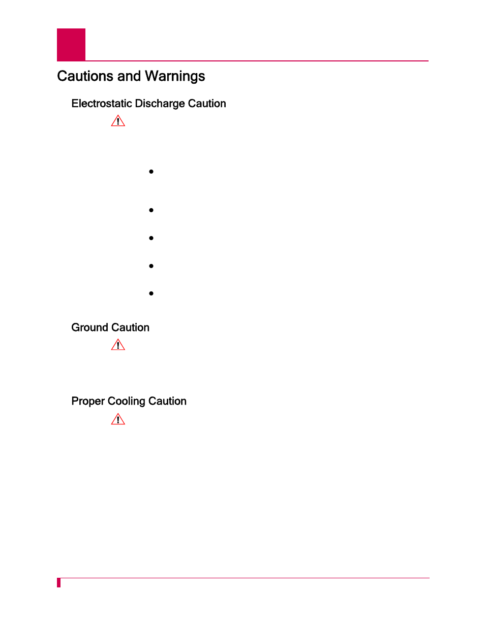 Cautions and warnings, Electrostatic discharge caution, Ground caution | Proper cooling caution | Kentrox AI296 User Manual | Page 6 / 404