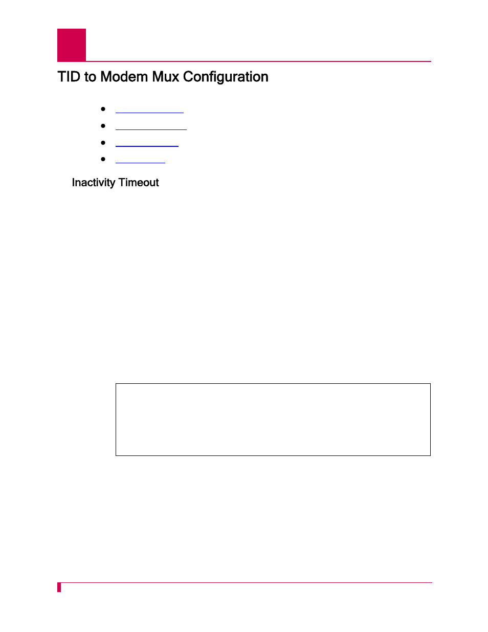 Tid to modem mux configuration, Inactivity timeout, Tid to modem mux configuration -28 | Inactivity timeout -28 | Kentrox AI296 User Manual | Page 78 / 404