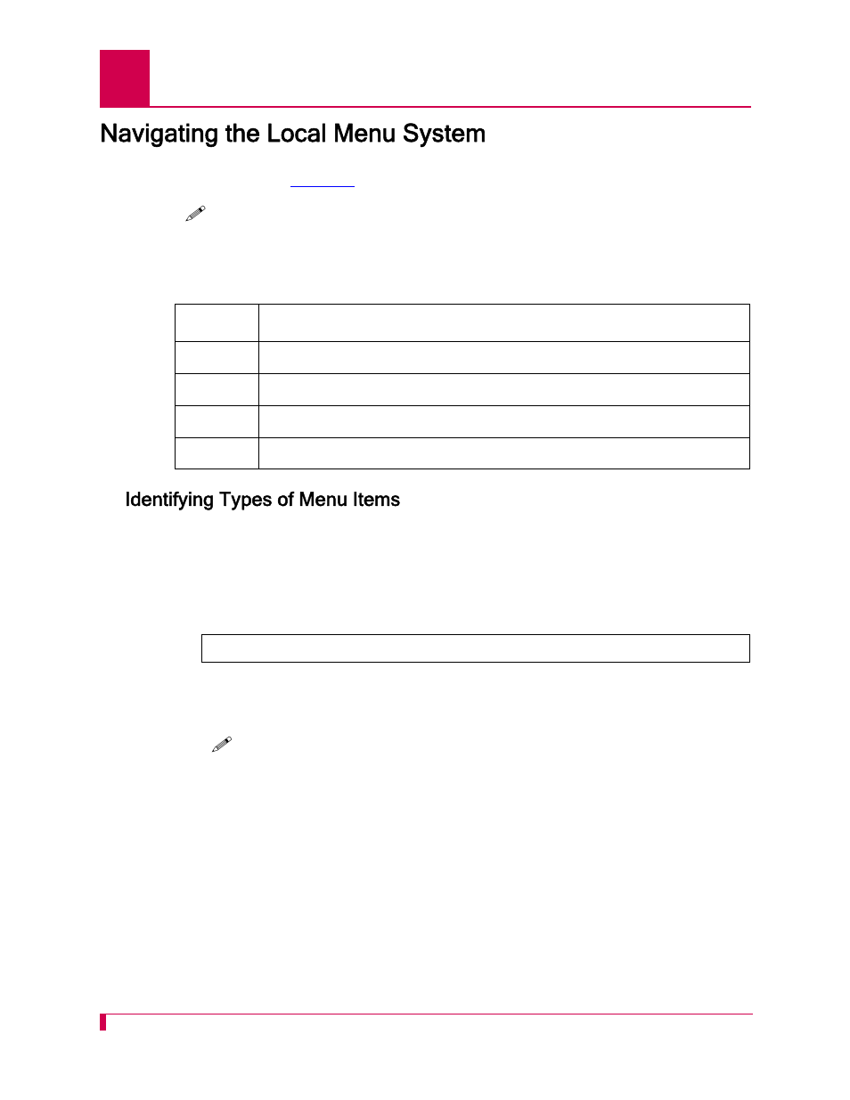 Navigating the local menu system, Identifying types of menu items, Navigating the local menu system -8 | Identifying types of menu items -8 | Kentrox AI232 User Manual | Page 42 / 322