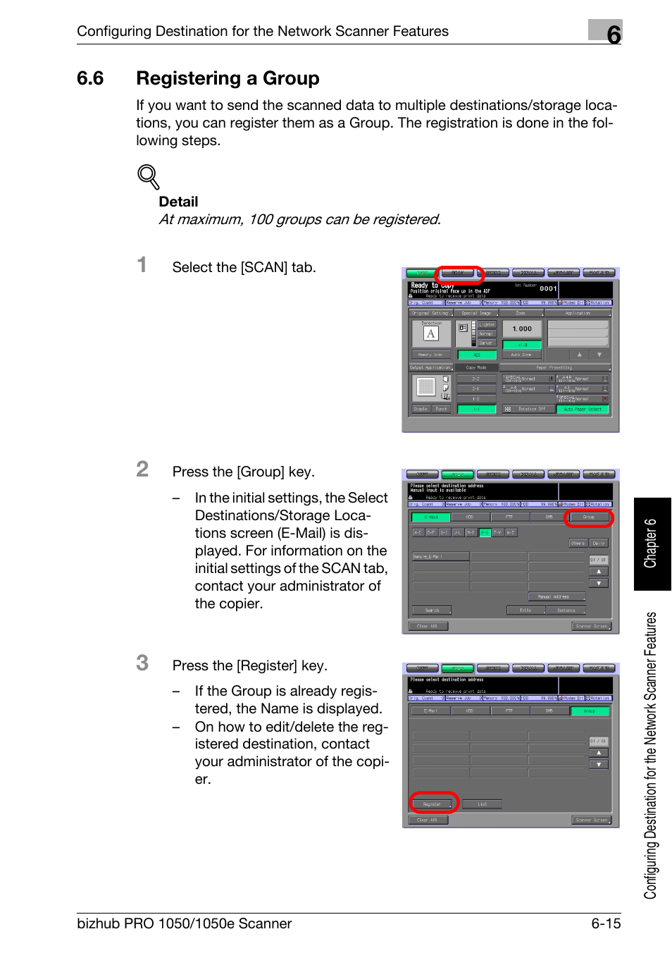 6 registering a group, Registering a group -15, Registering a group | P.6-15 | Konica Minolta BIZHUB PRO 1050E User Manual | Page 110 / 190