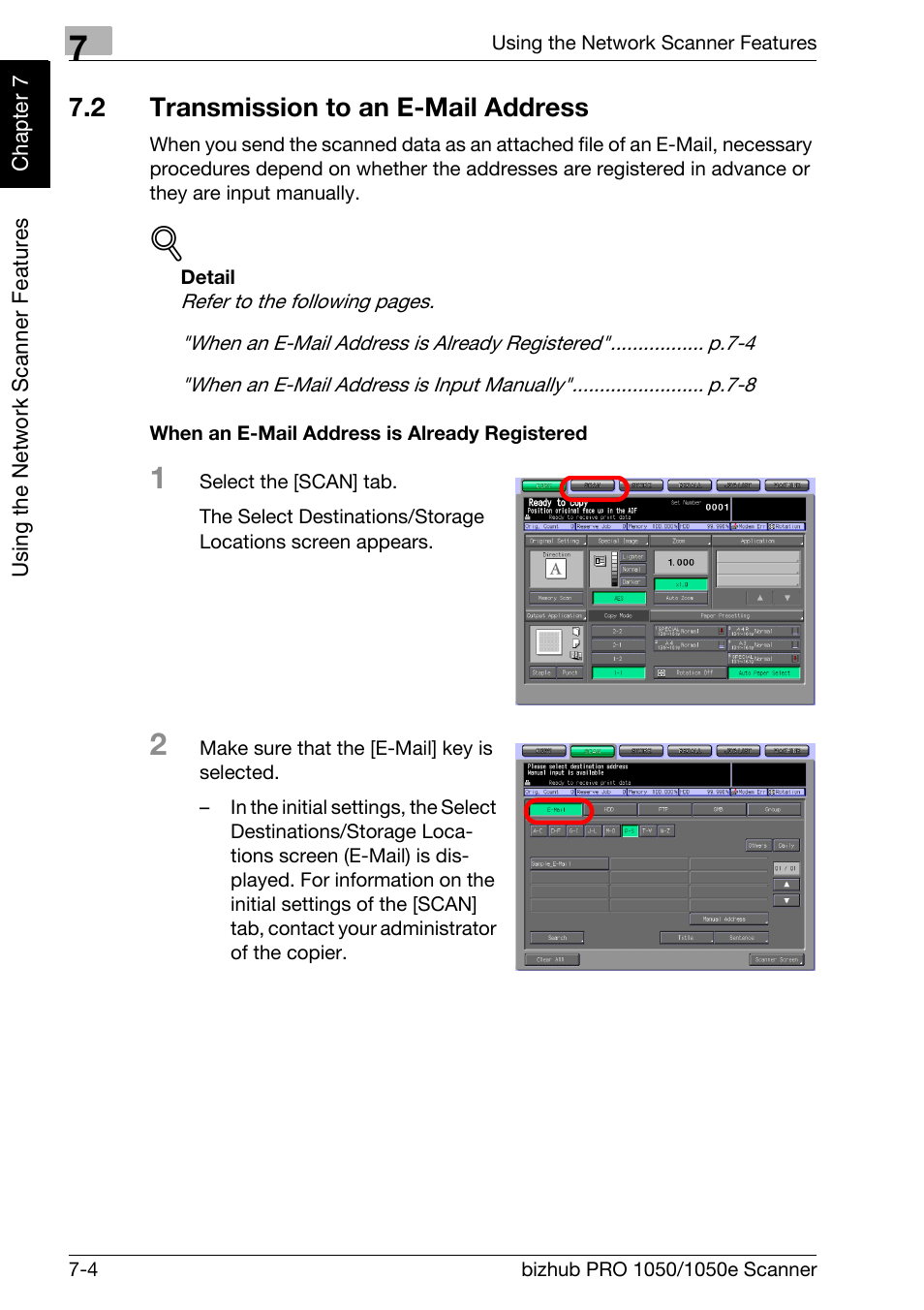 2 transmission to an e-mail address, Transmission to an e-mail address -4, Transmission to an e-mail address | P.7-4 | Konica Minolta BIZHUB PRO 1050E User Manual | Page 117 / 190