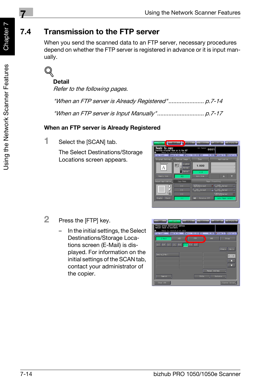 4 transmission to the ftp server, Transmission to the ftp server -14, Transmission to the ftp server | P.7-14 | Konica Minolta BIZHUB PRO 1050E User Manual | Page 127 / 190