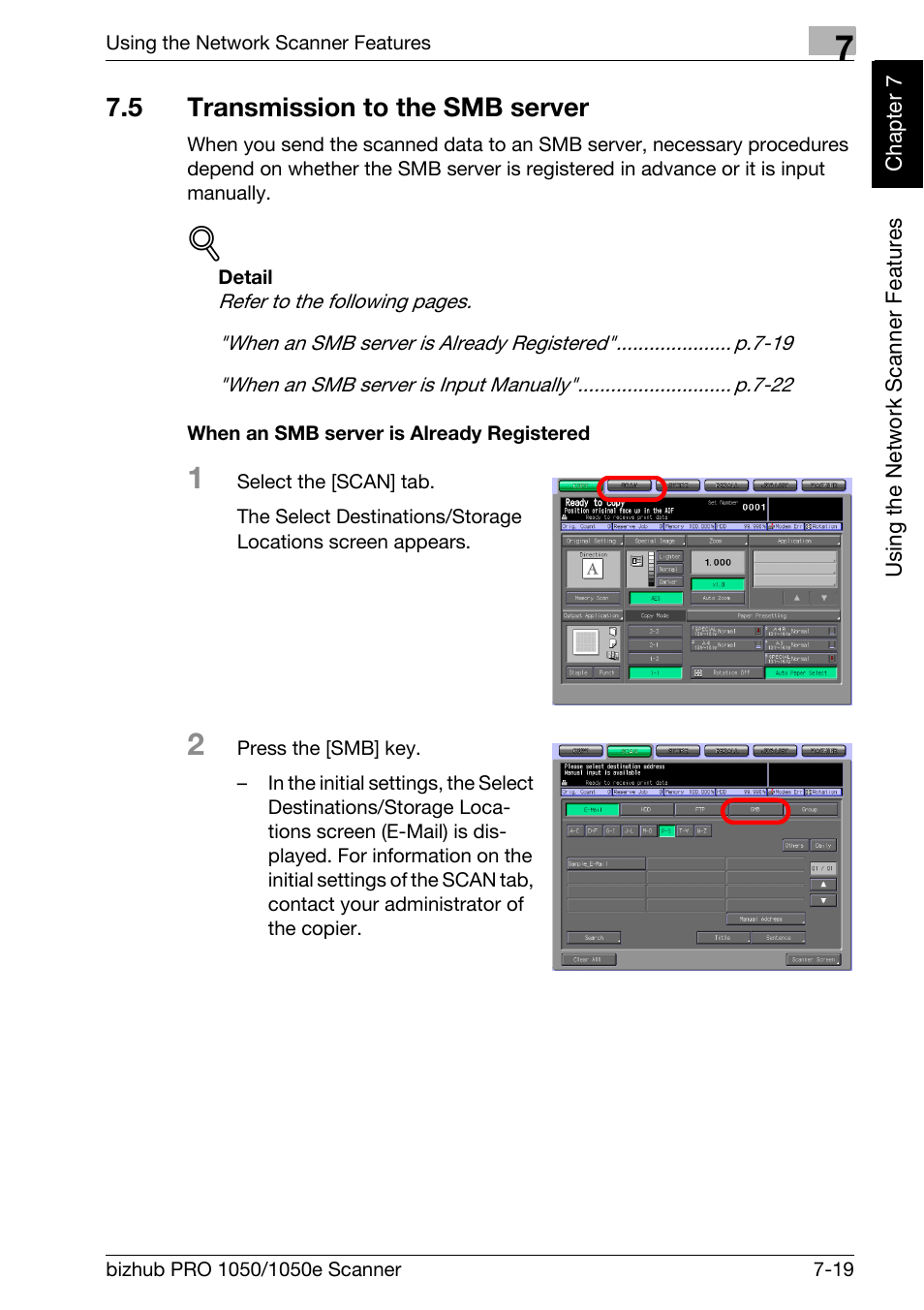 5 transmission to the smb server, Transmission to the smb server -19, Transmission to the smb server | P.7-19 | Konica Minolta BIZHUB PRO 1050E User Manual | Page 132 / 190