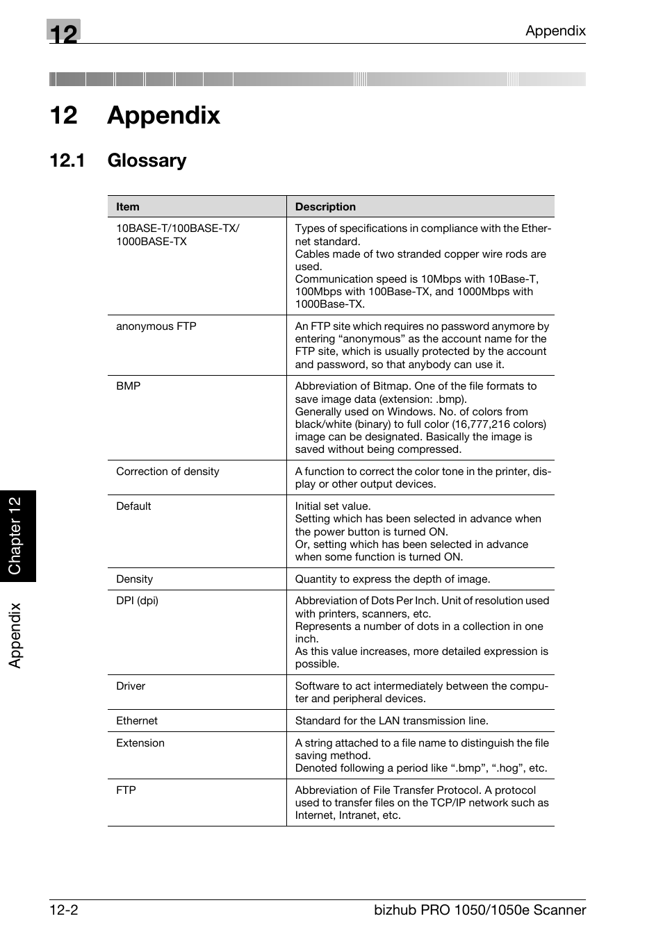 12 appendix, 1 glossary, Glossary -2 | Chapter 12 appendix | Konica Minolta BIZHUB PRO 1050E User Manual | Page 183 / 190