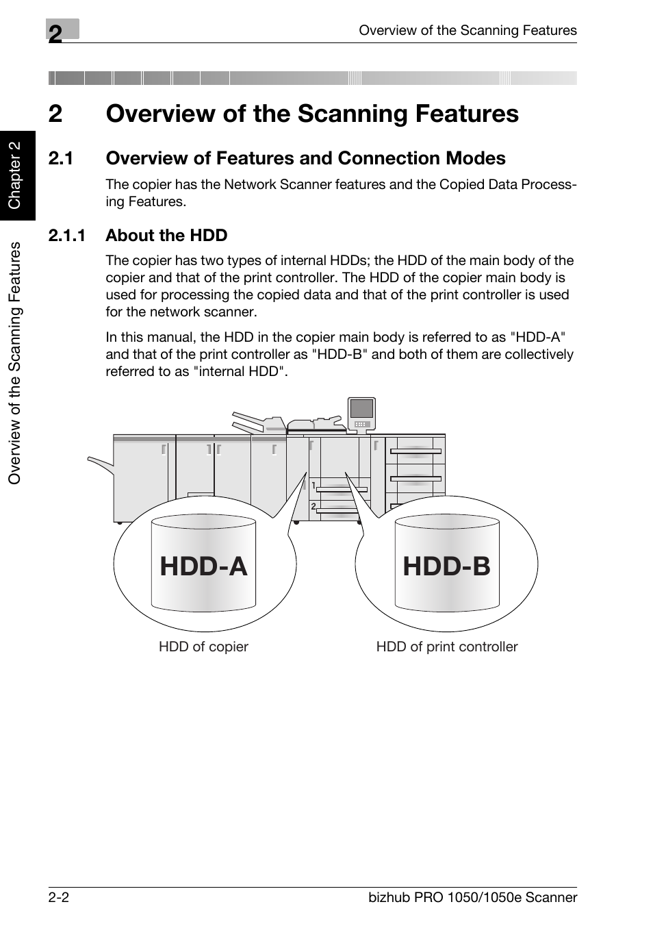 2 overview of the scanning features, 1 overview of features and connection modes, 1 about the hdd | Overview of the scanning features, Overview of features and connection modes -2, About the hdd -2, Chapter 2 overview of the scanning features, Hdd-b hdd-a, 2overview of the scanning features | Konica Minolta BIZHUB PRO 1050E User Manual | Page 19 / 190