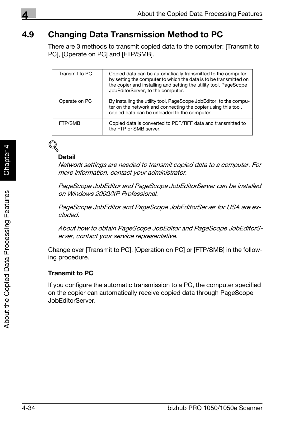 9 changing data transmission method to pc, Changing data transmission method to pc -34 | Konica Minolta BIZHUB PRO 1050E User Manual | Page 69 / 190