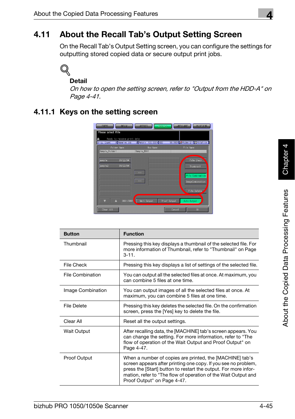 11 about the recall tab’s output setting screen, 1 keys on the setting screen, About the recall tab’s output setting screen -45 | Keys on the setting screen -45 | Konica Minolta BIZHUB PRO 1050E User Manual | Page 80 / 190