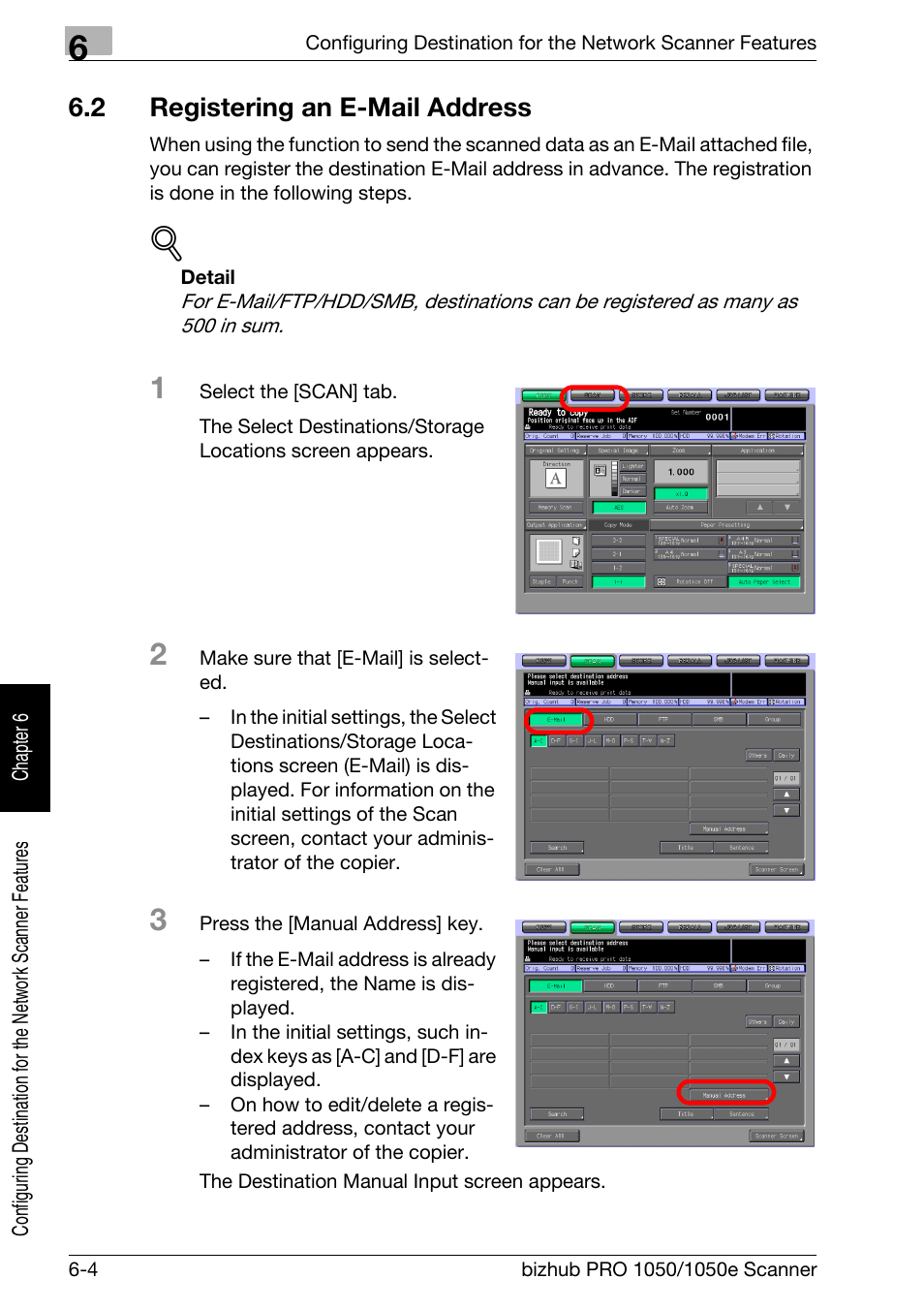 2 registering an e-mail address, Registering an e-mail address -4, Registering an e-mail address | P.6-4 | Konica Minolta BIZHUB PRO 1050E User Manual | Page 99 / 190