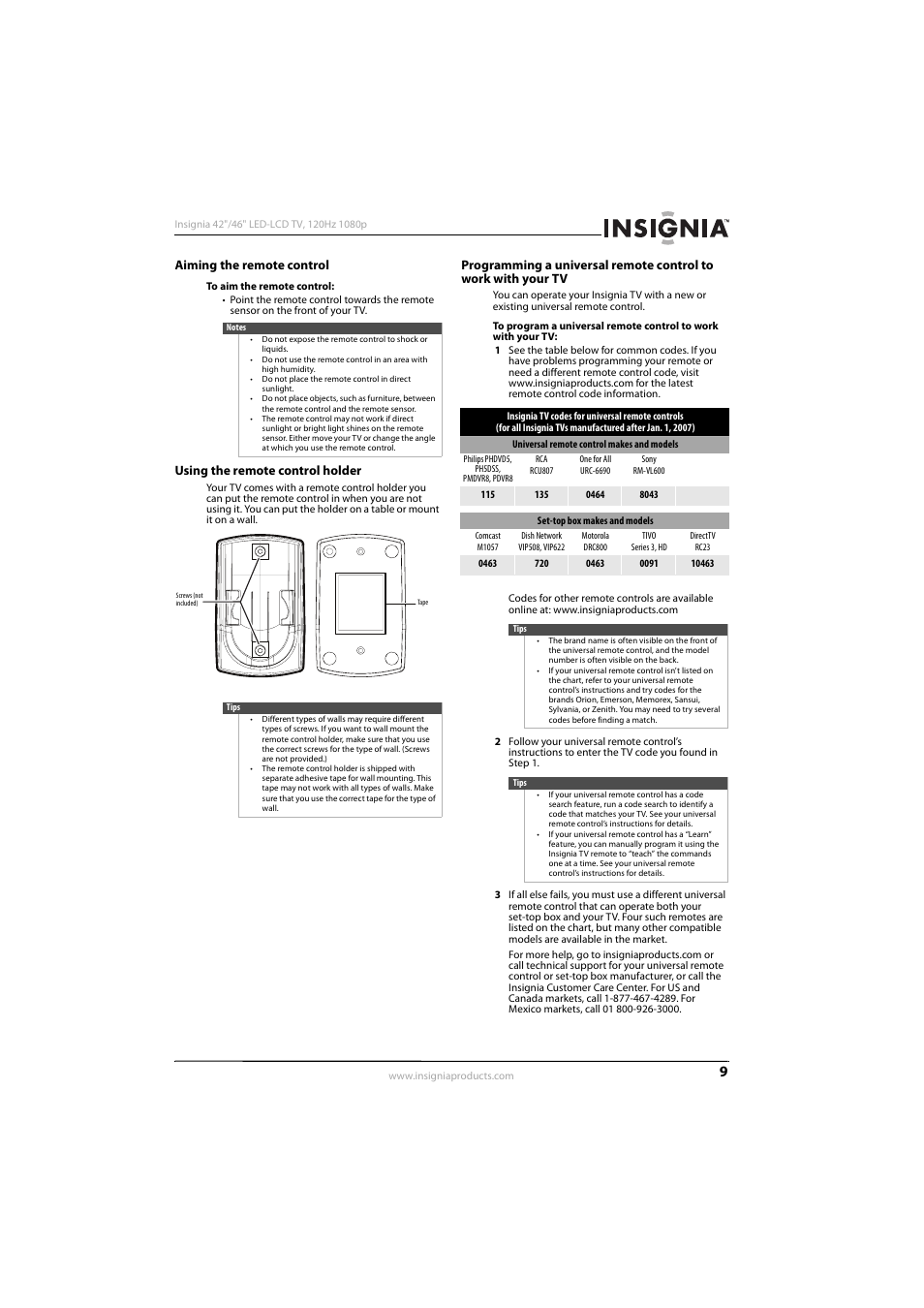 Aiming the remote control, Using the remote control holder | Konica Minolta NS-42E570A11 User Manual | Page 13 / 48