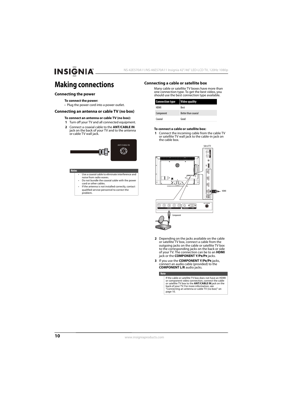 Making connections, Connecting the power, Connecting an antenna or cable tv (no box) | Connecting a cable or satellite box, Ee “connecting an antenna or cable tv (no box)” on | Konica Minolta NS-42E570A11 User Manual | Page 14 / 48