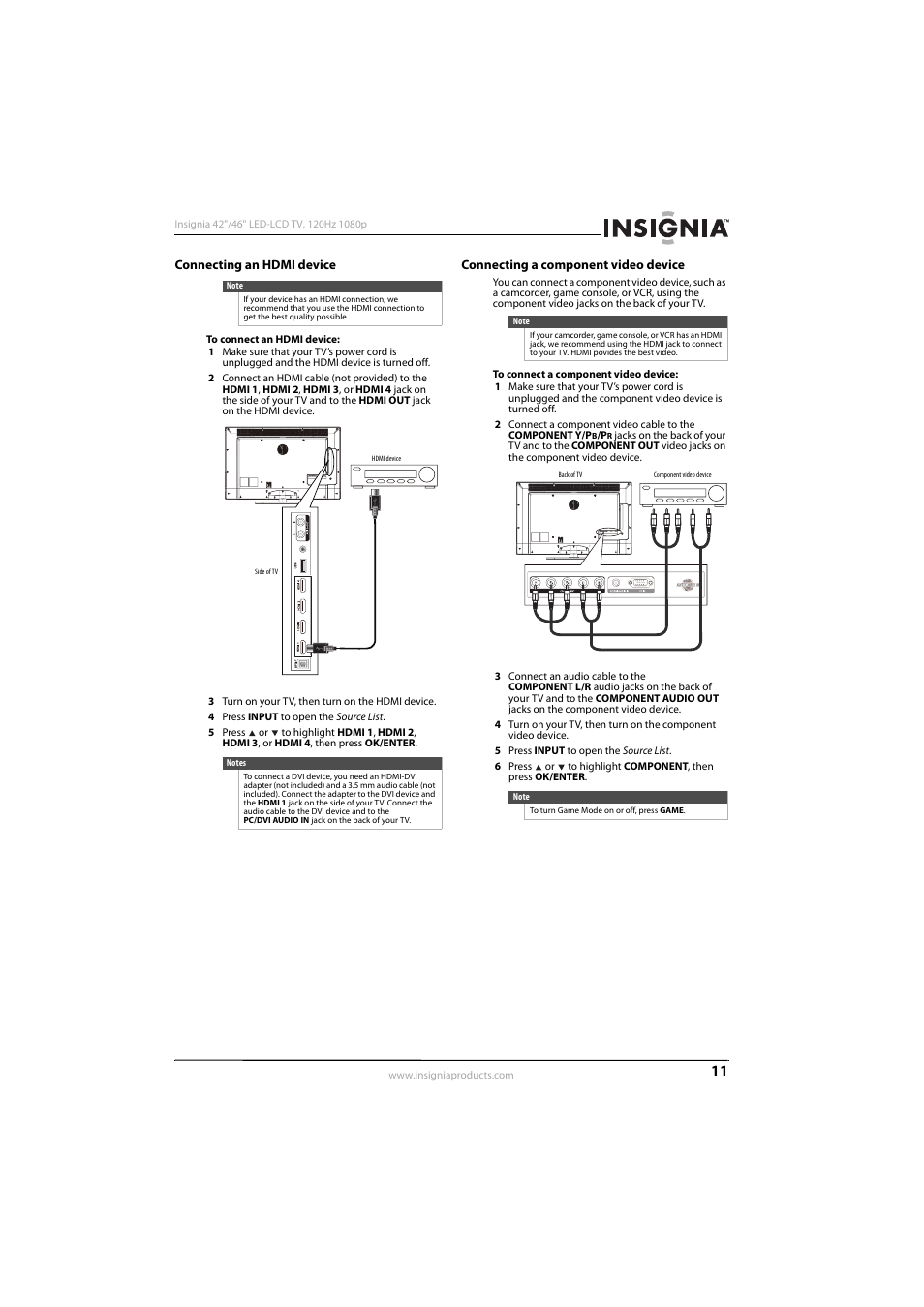 Connecting an hdmi device, Connecting a component video device, Ee “connecting a component video device | See “connecting an hdmi device” o | Konica Minolta NS-42E570A11 User Manual | Page 15 / 48