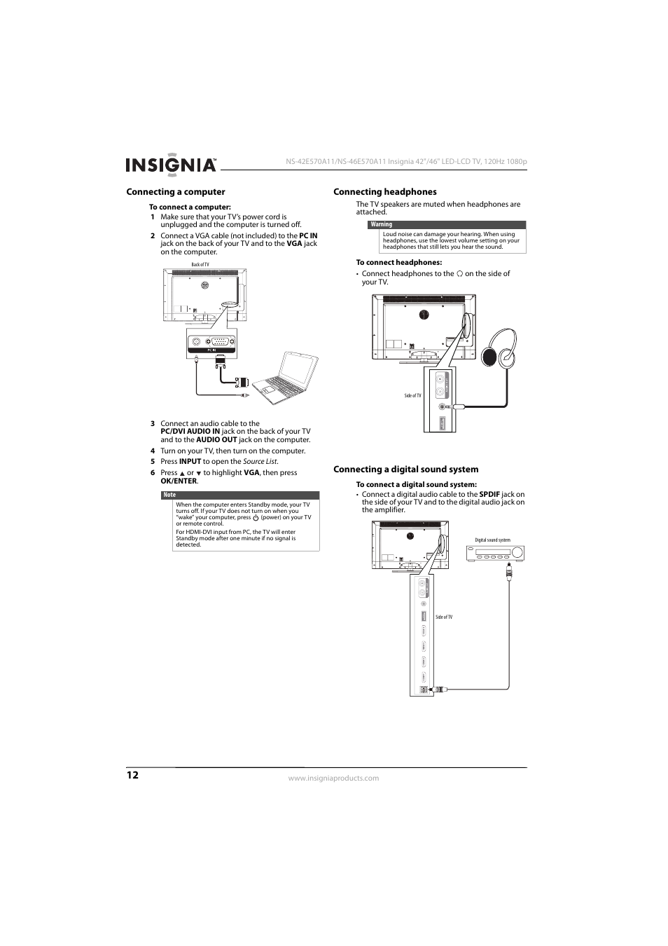Connecting a computer, Connecting headphones, Connecting a digital sound system | Connecting a computer” o, 12 or, Ee “connecting headphones” o, See “connecting a digital sound system | Konica Minolta NS-42E570A11 User Manual | Page 16 / 48