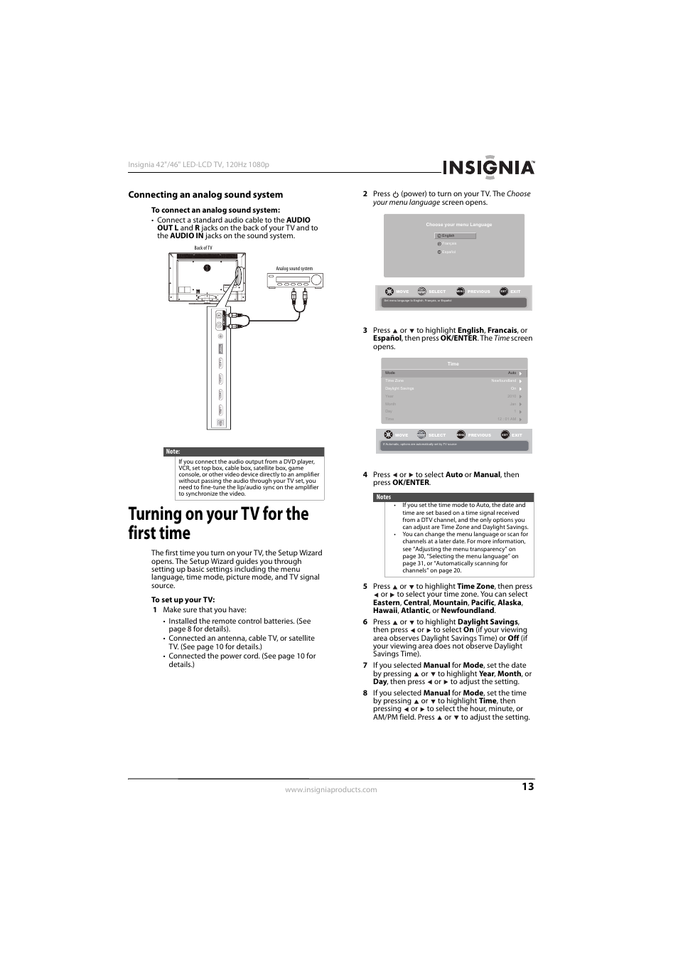 Connecting an analog sound system, Turning on your tv for the first time, Connecting an analog sound system” o | Konica Minolta NS-42E570A11 User Manual | Page 17 / 48