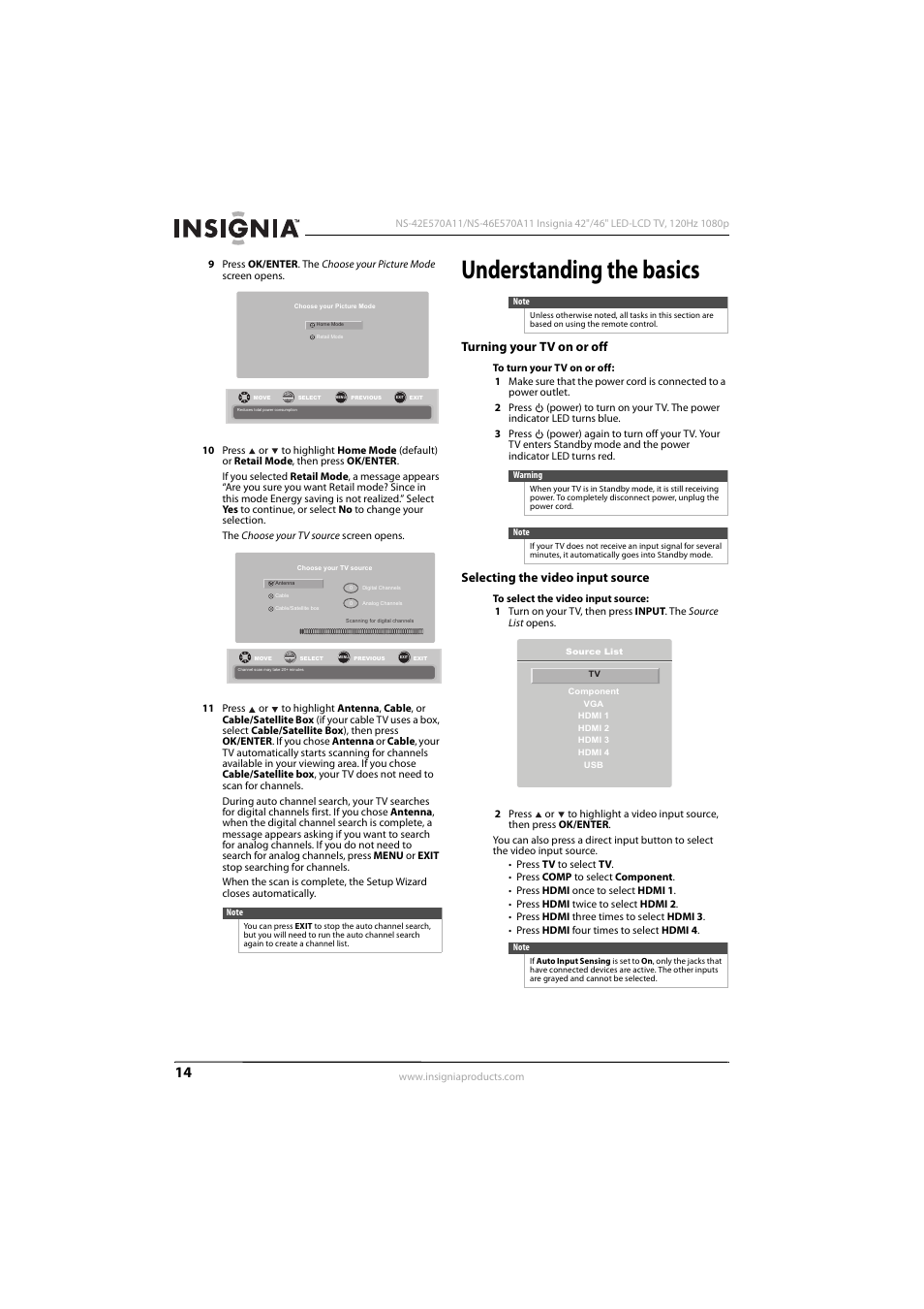 Understanding the basics, Turning your tv on or off, Selecting the video input source | E “selecting the video input source, Ee “selecting the video input source” on | Konica Minolta NS-42E570A11 User Manual | Page 18 / 48