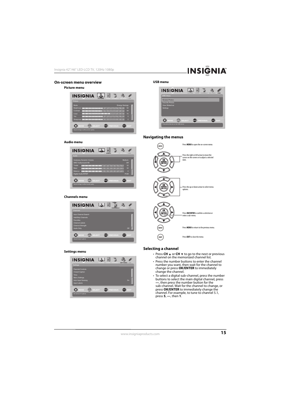 On-screen menu overview, Navigating the menus, Selecting a channel | See “navigating the menus, Ee “selecting a channel” o, E “selecting a channel” o, Navigating the menus selecting a channel | Konica Minolta NS-42E570A11 User Manual | Page 19 / 48