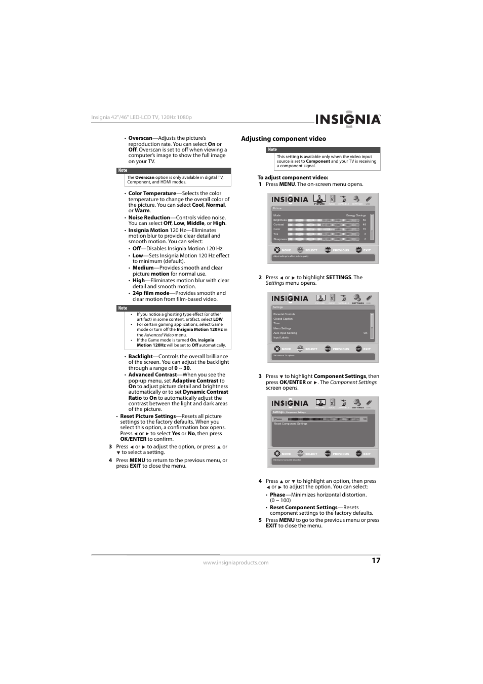 Adjusting component video | Konica Minolta NS-42E570A11 User Manual | Page 21 / 48