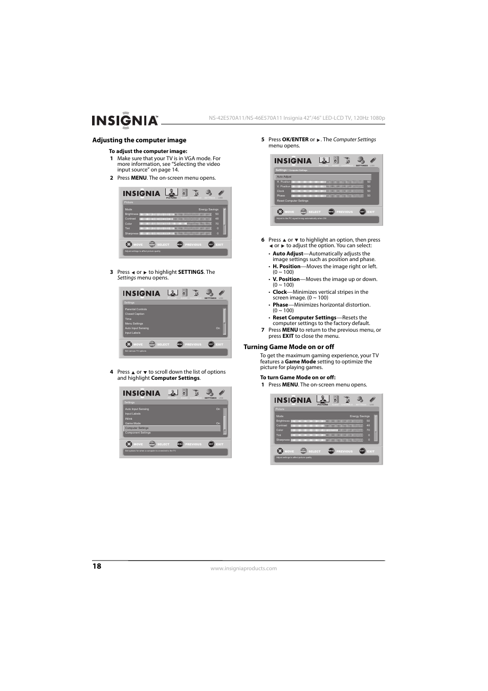 Adjusting the computer image, Turning game mode on or off, 18 f | Ee “turning game mode on or off | Konica Minolta NS-42E570A11 User Manual | Page 22 / 48