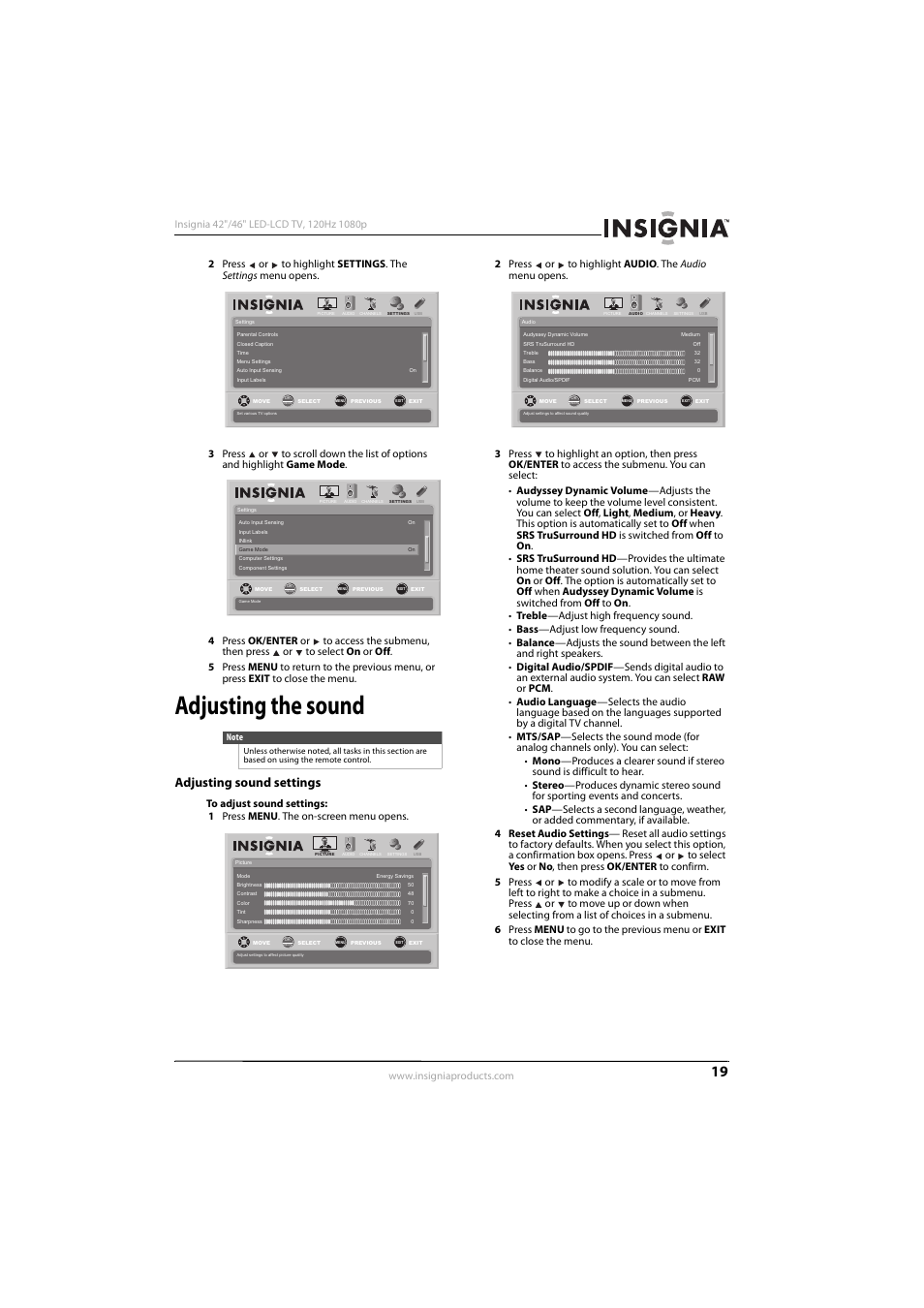 Adjusting the sound, Adjusting sound settings, 19 f | Konica Minolta NS-42E570A11 User Manual | Page 23 / 48