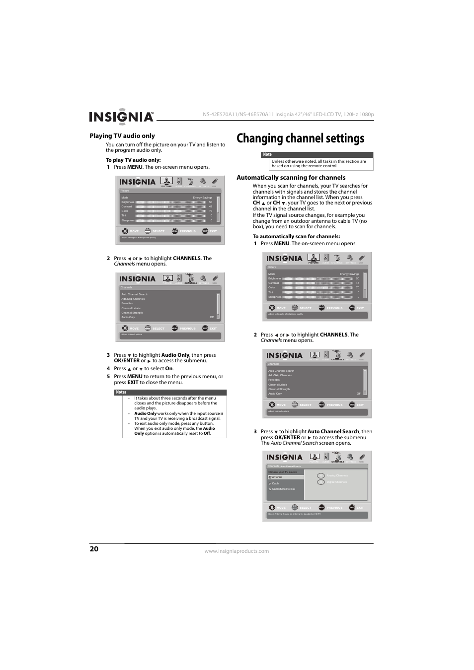 Playing tv audio only, Changing channel settings, Automatically scanning for channels | Konica Minolta NS-42E570A11 User Manual | Page 24 / 48