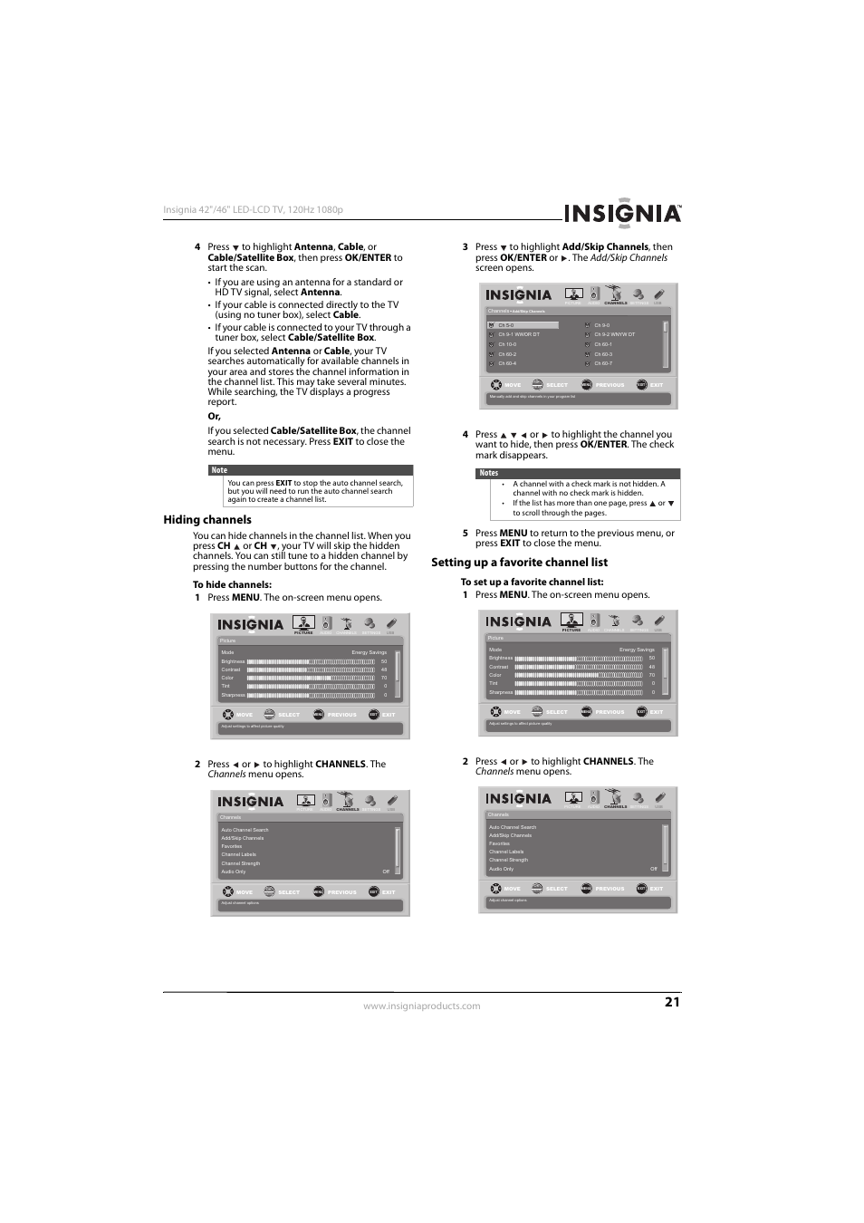 Hiding channels, Setting up a favorite channel list, Hiding channels setting up a favorite channel list | Ee “setting up a favorite channel list | Konica Minolta NS-42E570A11 User Manual | Page 25 / 48