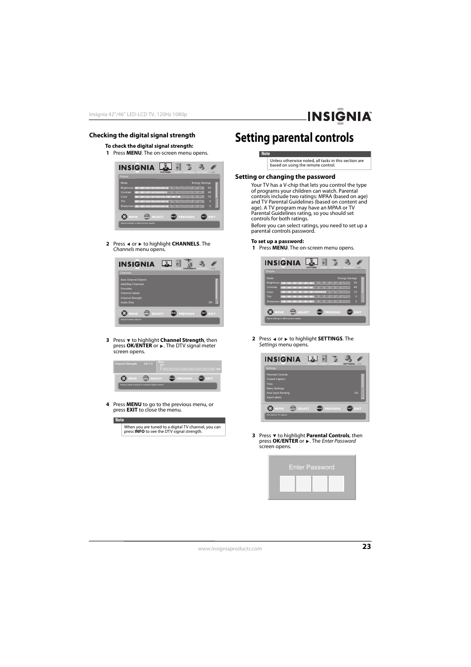 Checking the digital signal strength, Setting parental controls, Setting or changing the password | Enter password | Konica Minolta NS-42E570A11 User Manual | Page 27 / 48