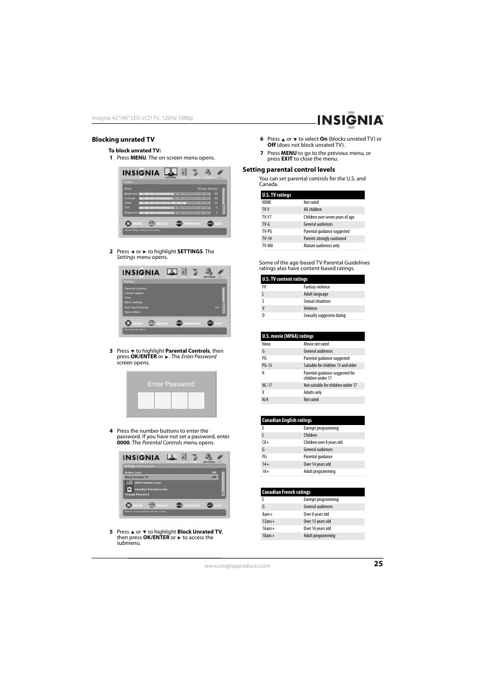 Blocking unrated tv, Setting parental control levels, Enter password | Konica Minolta NS-42E570A11 User Manual | Page 29 / 48
