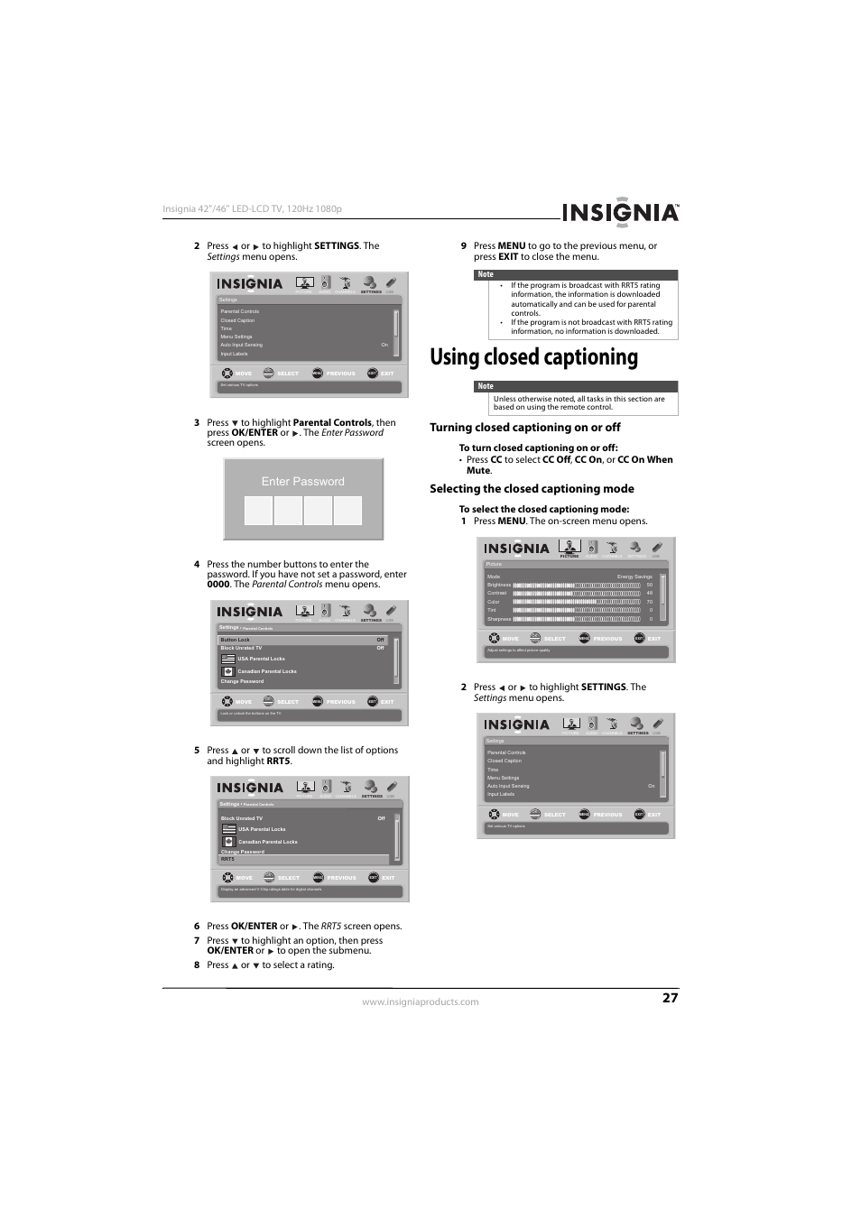 Using closed captioning, Turning closed captioning on or off, Selecting the closed captioning mode | Ee “selecting the closed captioning mode” o, Enter password | Konica Minolta NS-42E570A11 User Manual | Page 31 / 48
