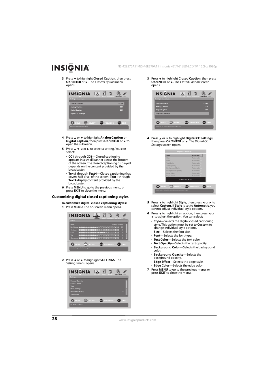 Customizing digital closed captioning styles | Konica Minolta NS-42E570A11 User Manual | Page 32 / 48
