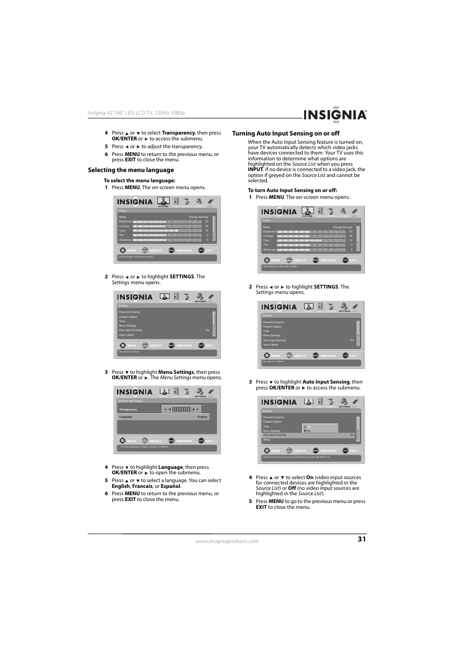 Selecting the menu language, Turning auto input sensing on or off, Lecting the menu language” o | 31, o | Konica Minolta NS-42E570A11 User Manual | Page 35 / 48