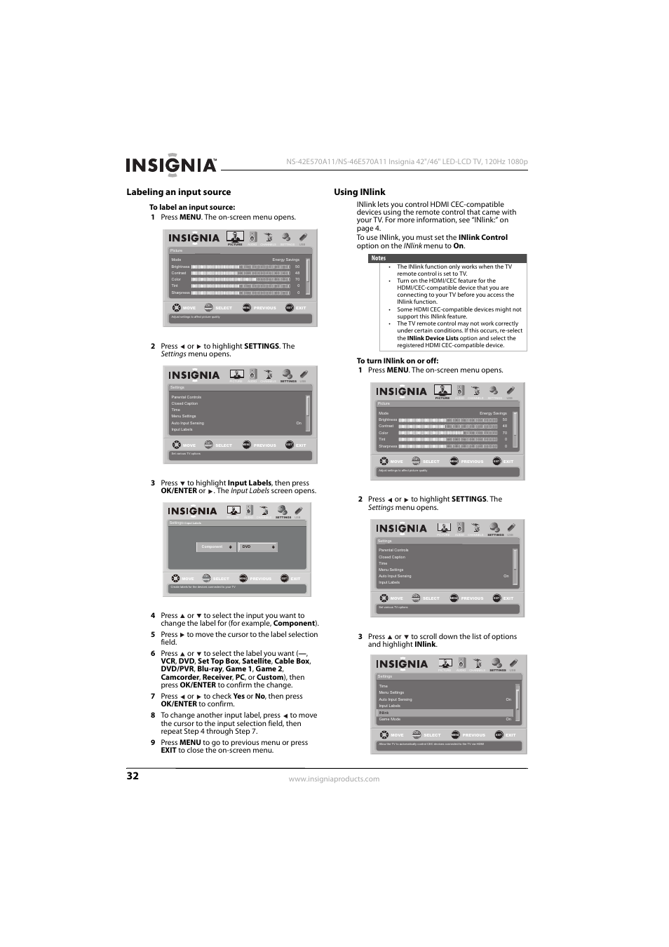 Labeling an input source, Using inlink, Labeling an input source using inlink | 32 f | Konica Minolta NS-42E570A11 User Manual | Page 36 / 48