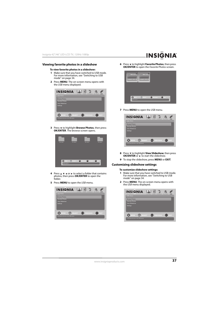 Viewing favorite photos in a slideshow, Customizing slideshow settings | Konica Minolta NS-42E570A11 User Manual | Page 41 / 48