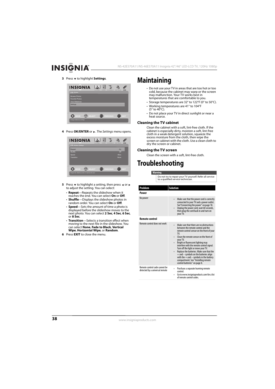 Maintaining, Cleaning the tv cabinet, Cleaning the tv screen | Troubleshooting, Cleaning the tv cabinet cleaning the tv screen | Konica Minolta NS-42E570A11 User Manual | Page 42 / 48