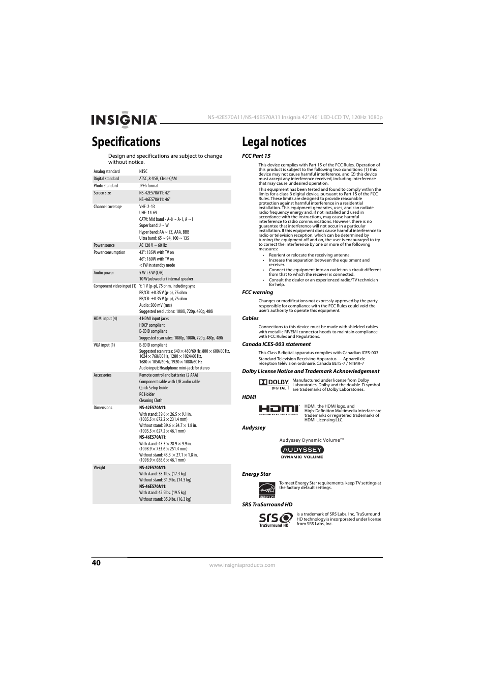 Specifications, Legal notices | Konica Minolta NS-42E570A11 User Manual | Page 44 / 48