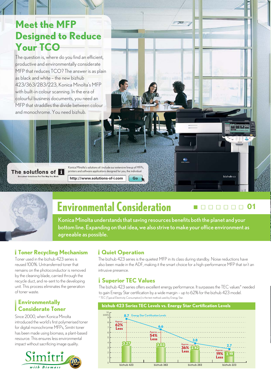 Environmental consideration, Meet the mfp designed to reduce your tco, Superior tec values | Quiet operation, Toner recycling mechanism, Environmentally considerate toner | Konica Minolta Bizhub 288 User Manual | Page 2 / 8