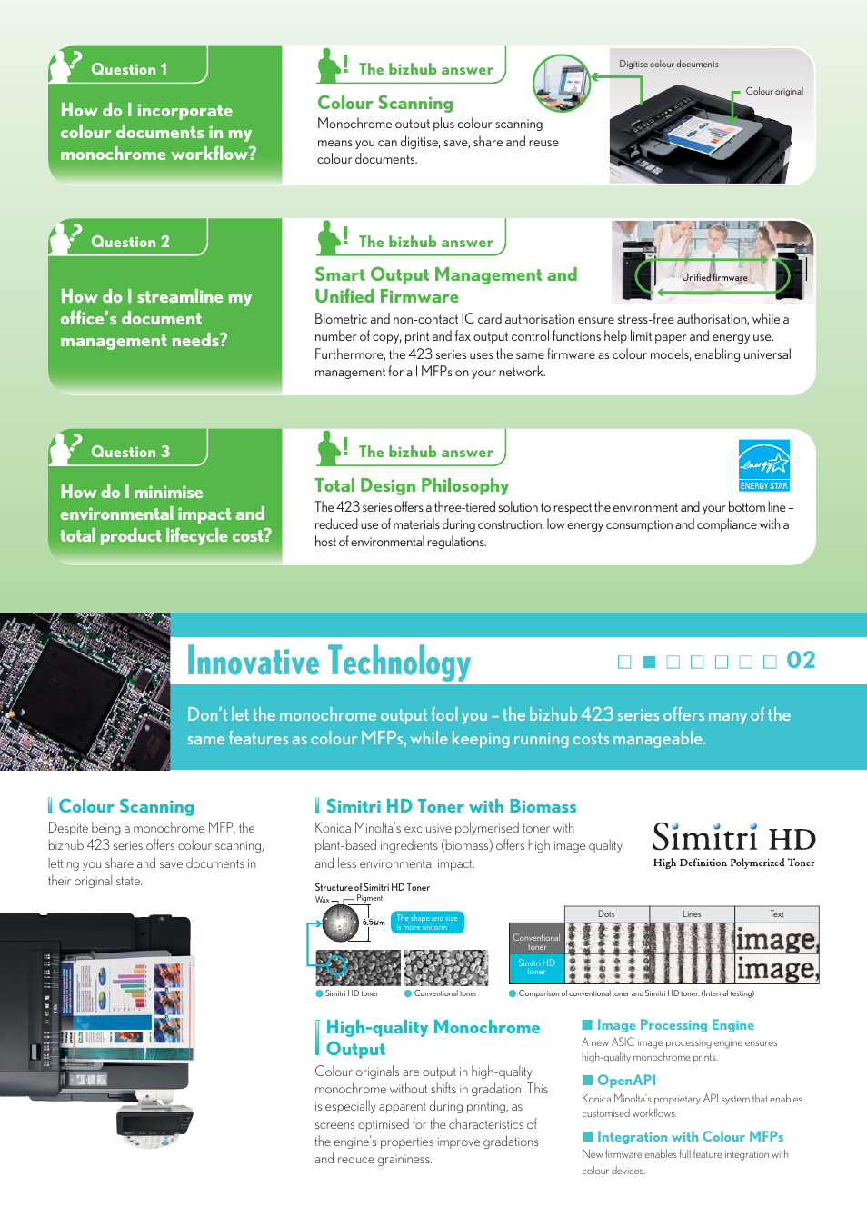 Innovative technology, Smart output management and unified firmware, Total design philosophy | Colour scanning, Simitri hd toner with biomass, High-quality monochrome output | Konica Minolta Bizhub 288 User Manual | Page 3 / 8