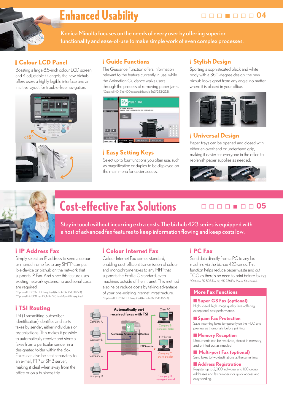 Cost-effective fax solutions, Enhanced usability, Colour lcd panel | Stylish design, Easy setting keys guide functions, Universal design, Ip address fax, Colour internet fax, Pc fax, Tsi routing | Konica Minolta Bizhub 288 User Manual | Page 5 / 8