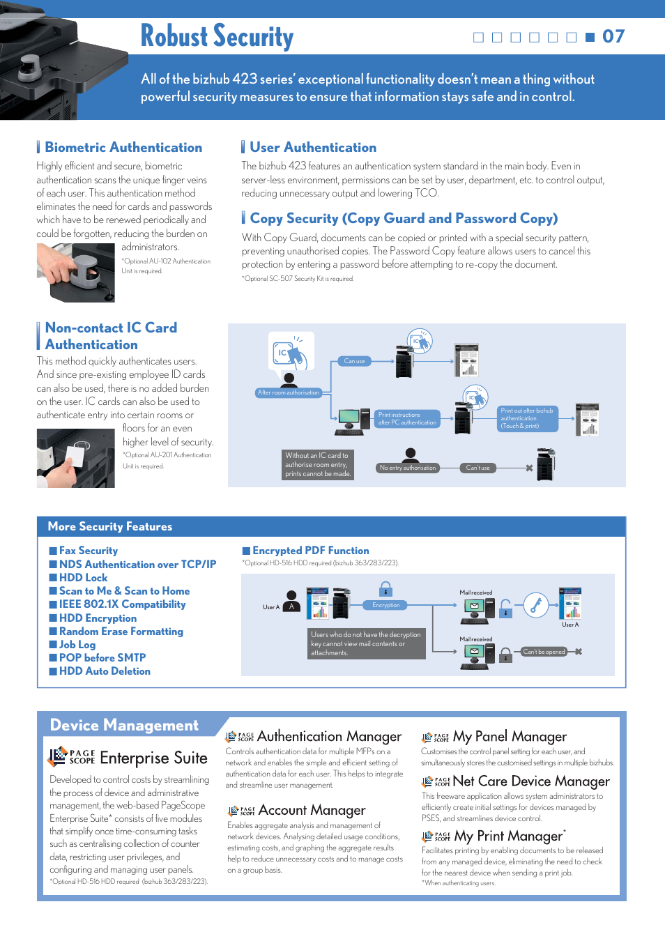 Robust security, Device management, Biometric authentication | Non-contact ic card authentication, User authentication, Copy security (copy guard and password copy) | Konica Minolta Bizhub 288 User Manual | Page 7 / 8