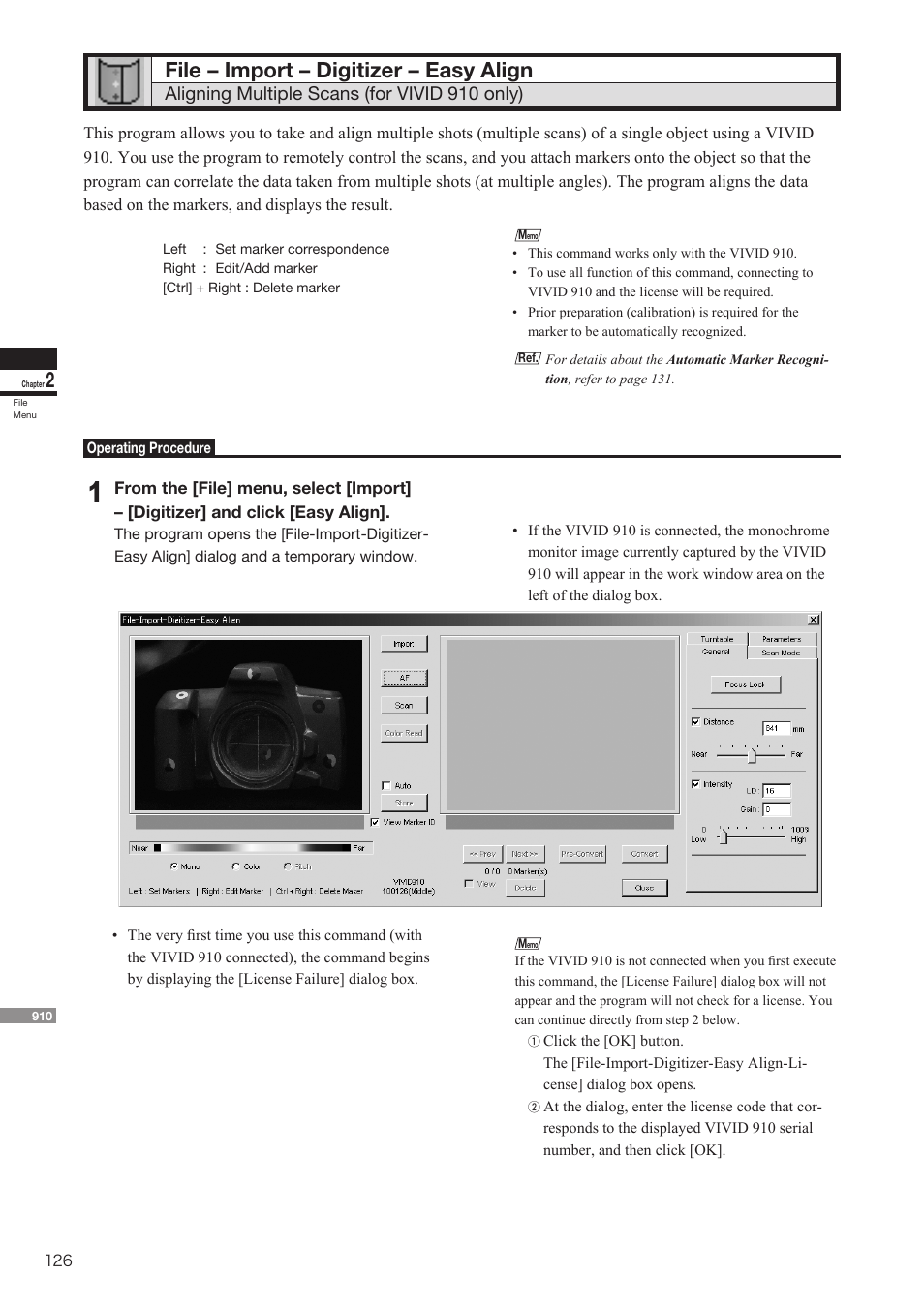 File – import – digitizer – easy align, Aligning multiple scans (for vivid 910 only) | Konica Minolta Polygon Editing Tool User Manual | Page 128 / 270