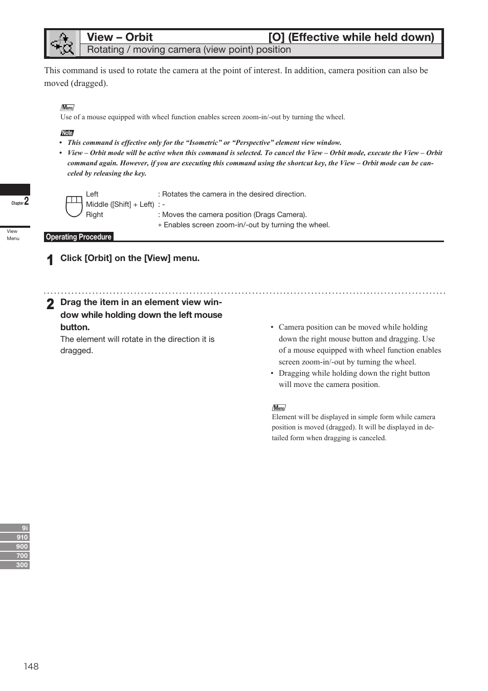 View – orbit, View – orbit [o] (effective while held down), Rotating / moving camera (view point) position | Konica Minolta Polygon Editing Tool User Manual | Page 150 / 270