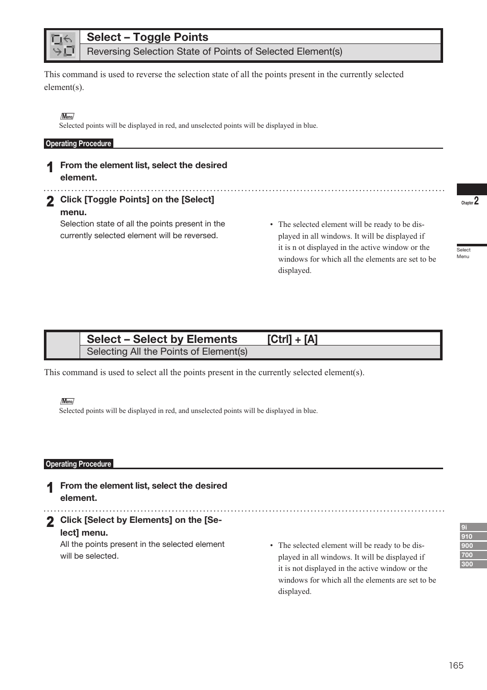 Select – toggle points, Select – select by elements, Select – select by elements [ctrl] + [a | Konica Minolta Polygon Editing Tool User Manual | Page 167 / 270