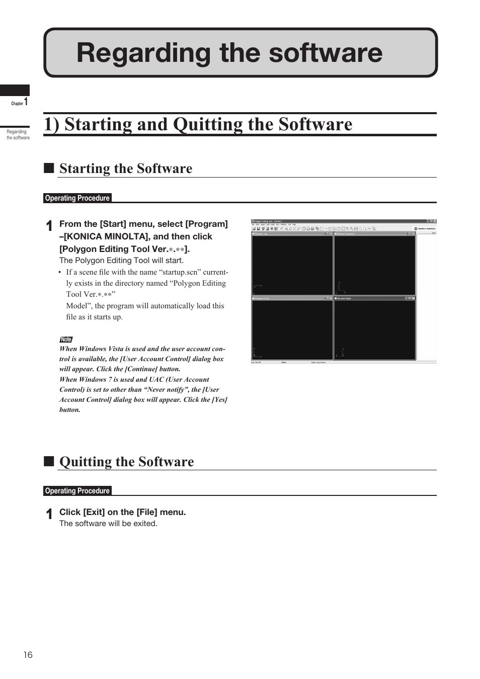 Regarding the software, 1) starting and quitting the software, Nstarting the software | Nquitting the software | Konica Minolta Polygon Editing Tool User Manual | Page 18 / 270