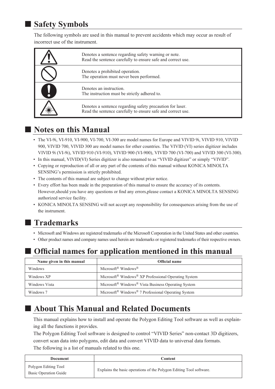 Safety symbols, Notes on this manual, Trademarks | About this manual and related documents, Nsafety symbols, Ntrademarks, Nabout this manual and related documents | Konica Minolta Polygon Editing Tool User Manual | Page 2 / 270