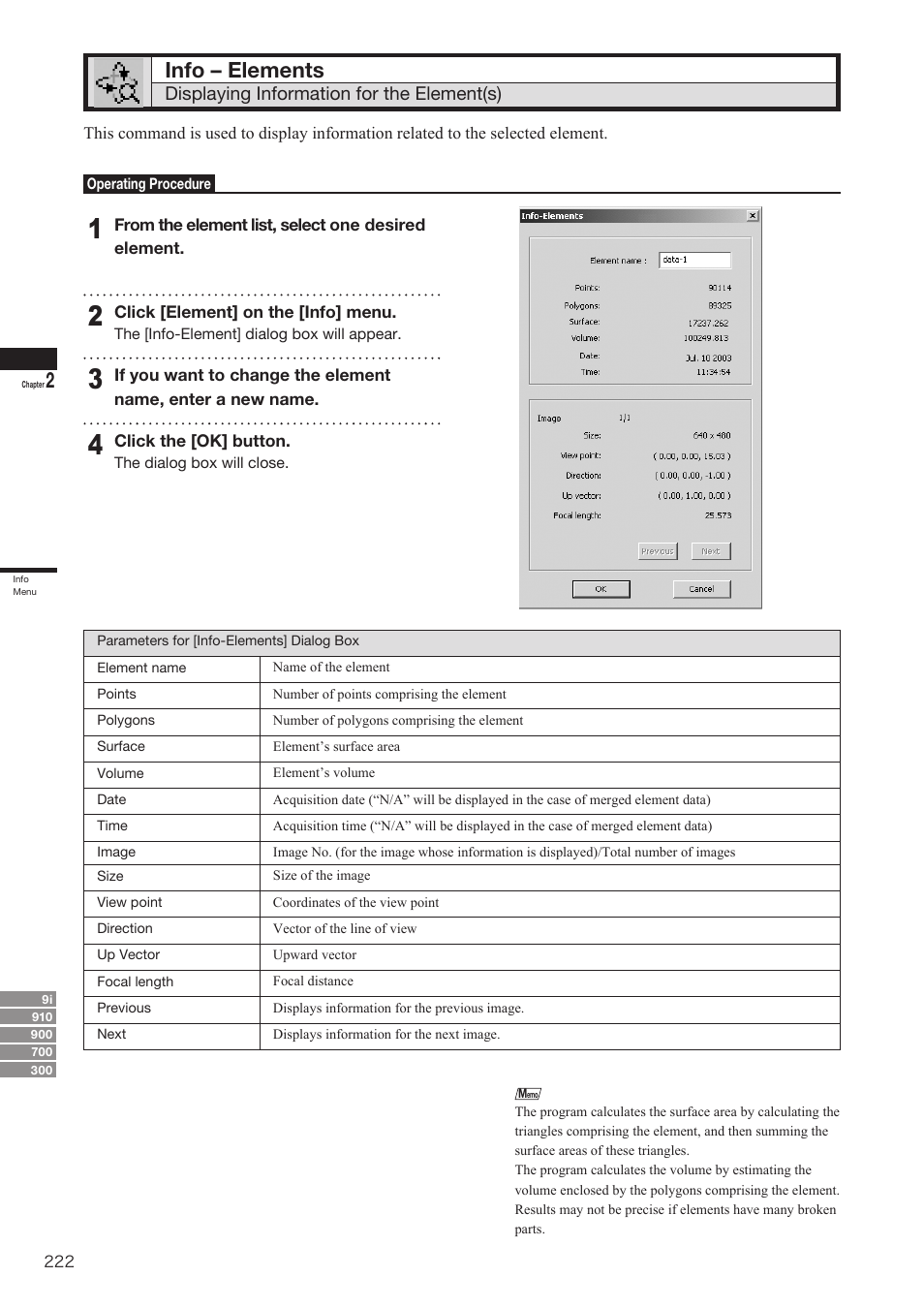 Info – elements, Displaying information for the element(s) | Konica Minolta Polygon Editing Tool User Manual | Page 224 / 270