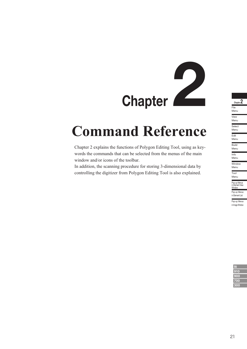 Chapter 2 command reference, Chapter, Command reference | Konica Minolta Polygon Editing Tool User Manual | Page 23 / 270