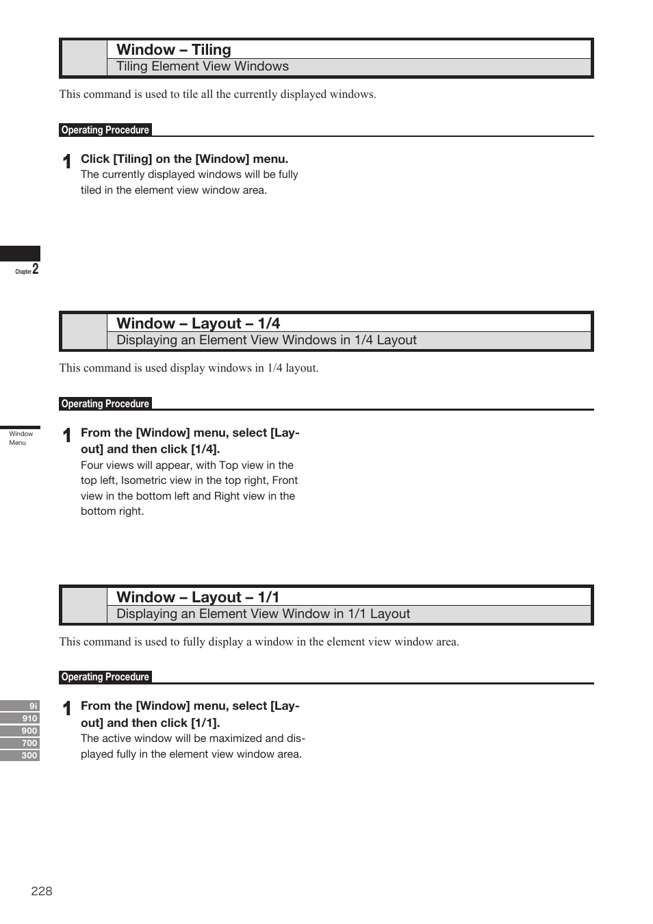 Window – tiling, Window – layout – 1/4, Window – layout – 1/1 | Konica Minolta Polygon Editing Tool User Manual | Page 230 / 270