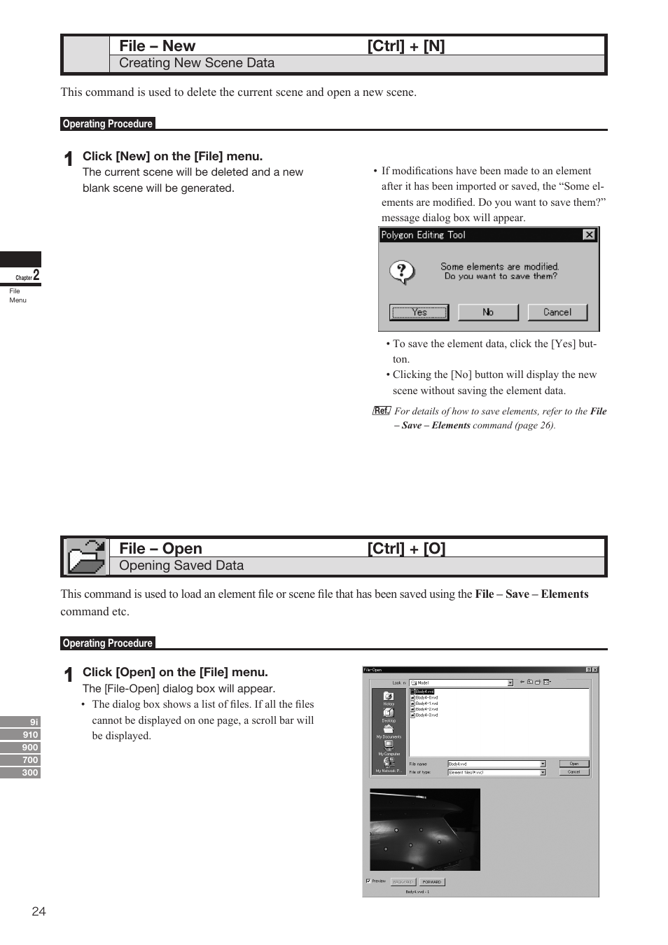 File – new, File – open, File – open [ctrl] + [o | File – new [ctrl] + [n | Konica Minolta Polygon Editing Tool User Manual | Page 26 / 270