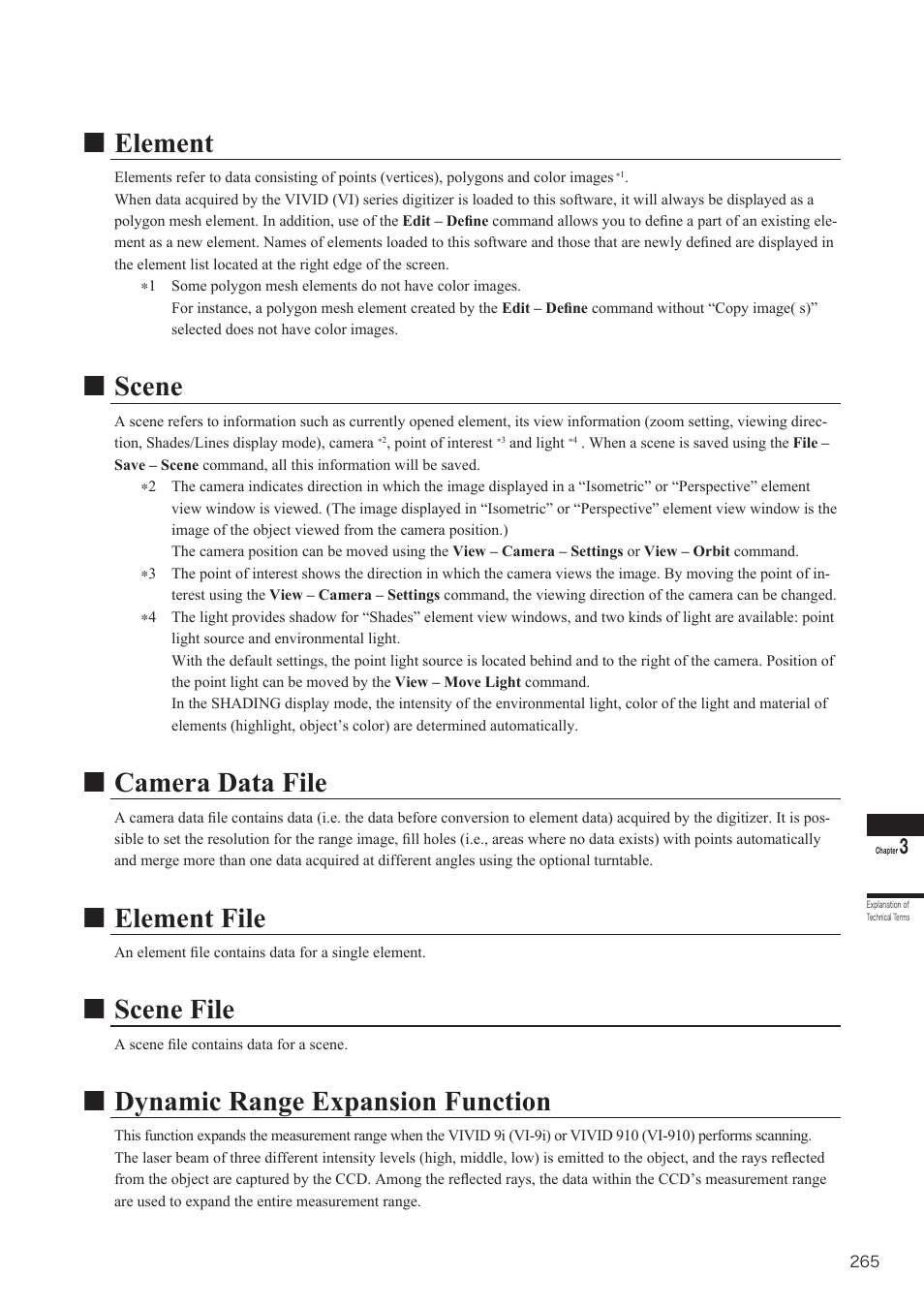 Nelement, Nscene, Ncamera data file | Nelement file, Nscene file, Ndynamic range expansion function | Konica Minolta Polygon Editing Tool User Manual | Page 267 / 270