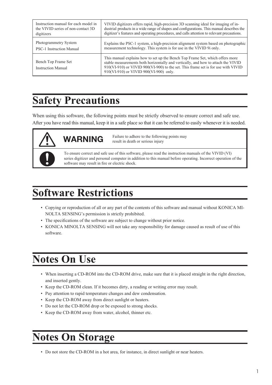 Safety precautions, Software restrictions, Notes on use | Notes on storage, Warning | Konica Minolta Polygon Editing Tool User Manual | Page 3 / 270