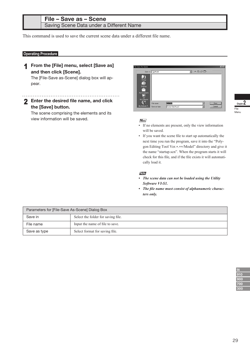 File – save as – scene, Saving scene data under a different name | Konica Minolta Polygon Editing Tool User Manual | Page 31 / 270