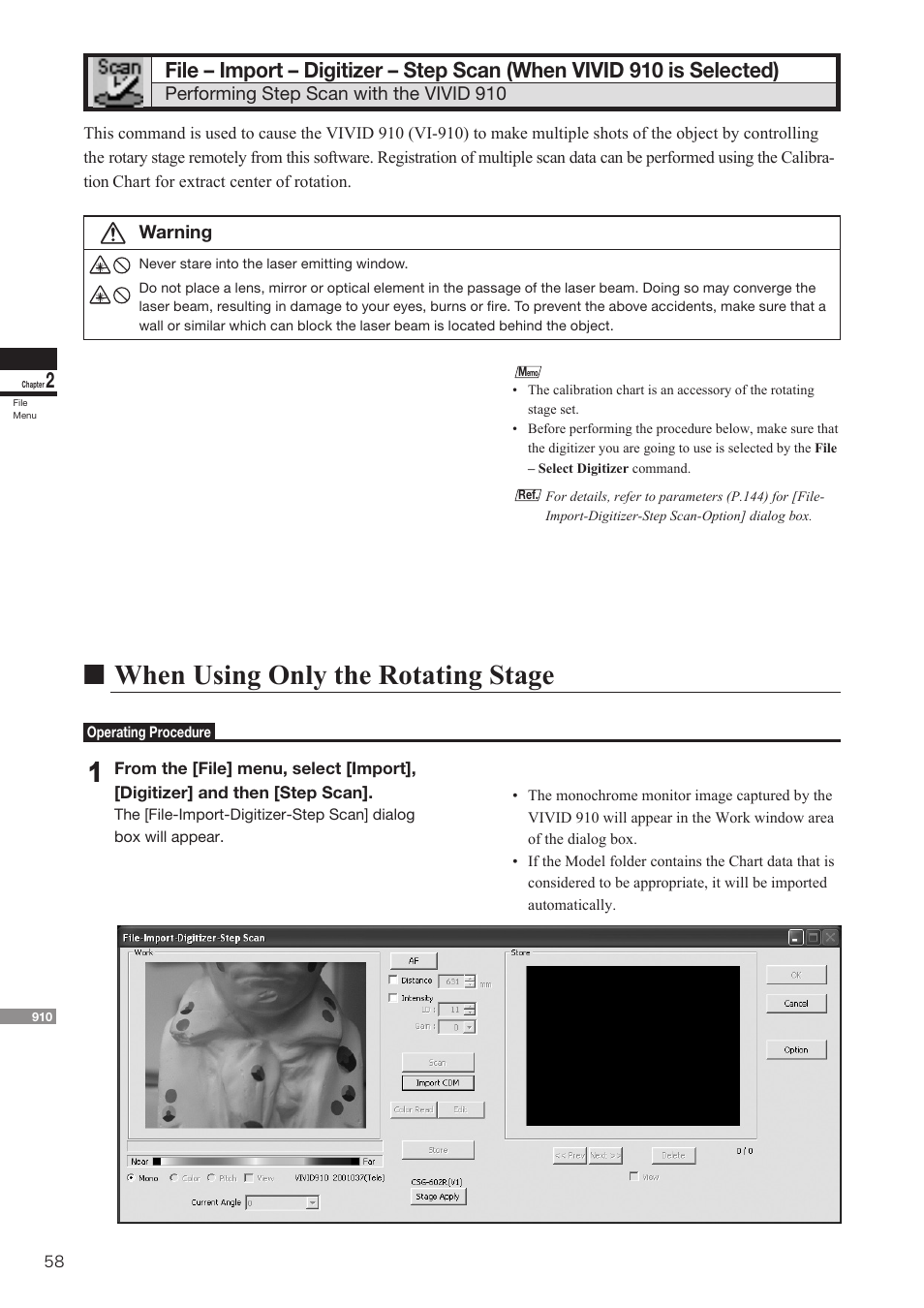 File – import – digitizer – step scan, Nwhen using only the rotating stage | Konica Minolta Polygon Editing Tool User Manual | Page 60 / 270